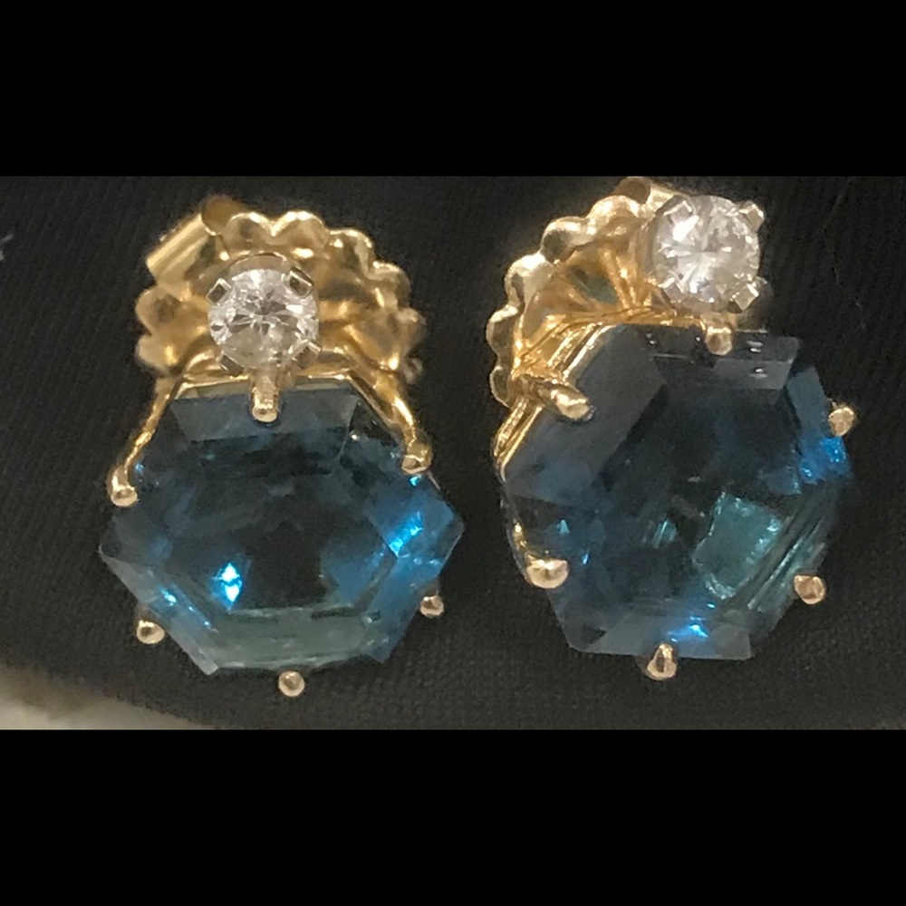 14 kt gold LONDON BLUE TOPAZ/diamond earrings